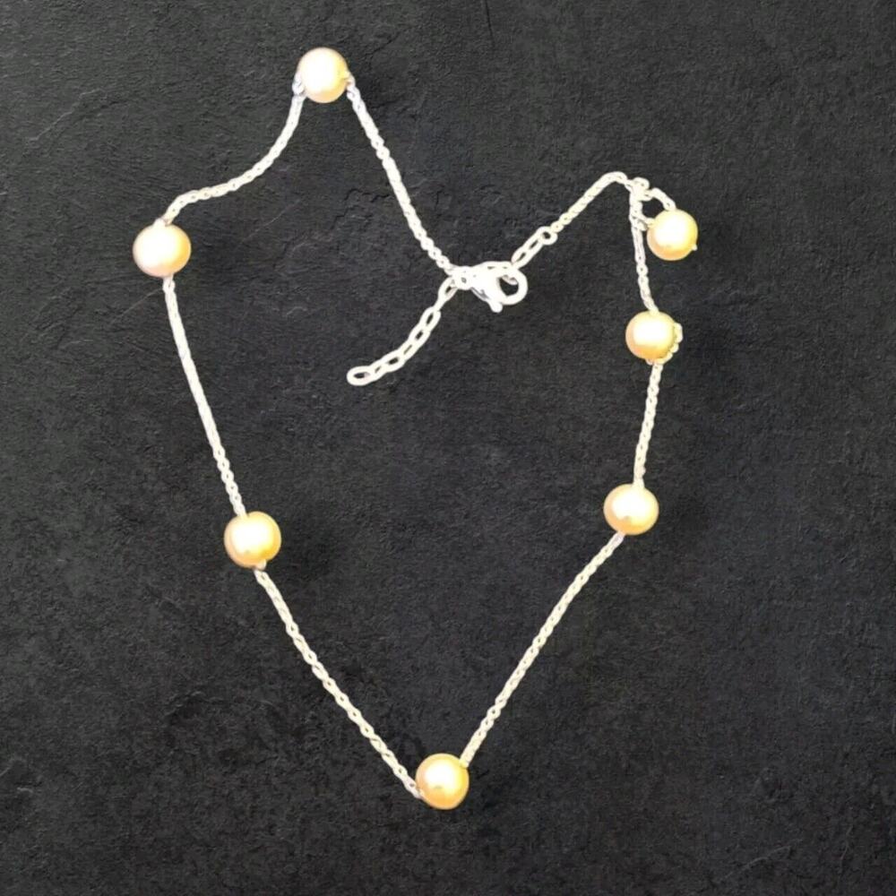 Silver Tone Chain Champagne Pearl Station Necklace 18"-20" - Picture 6 of 6